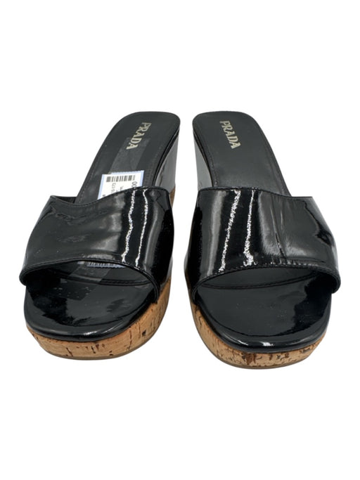 Prada Shoe Size 38.5 Black & Brown Patent Leather Cork Base Platform Sandals Black & Brown / 38.5