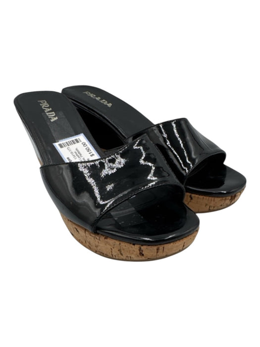 Prada Shoe Size 38.5 Black & Brown Patent Leather Cork Base Platform Sandals Black & Brown / 38.5