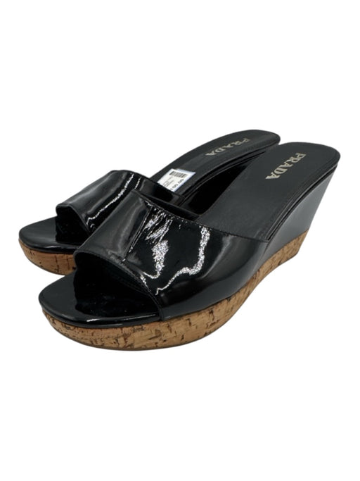 Prada Shoe Size 38.5 Black & Brown Patent Leather Cork Base Platform Sandals Black & Brown / 38.5