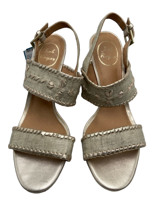 Jack Rogers Shoe Size 8.5 Beige & Gold Linen & Leather open toe Wedges Beige & Gold / 8.5