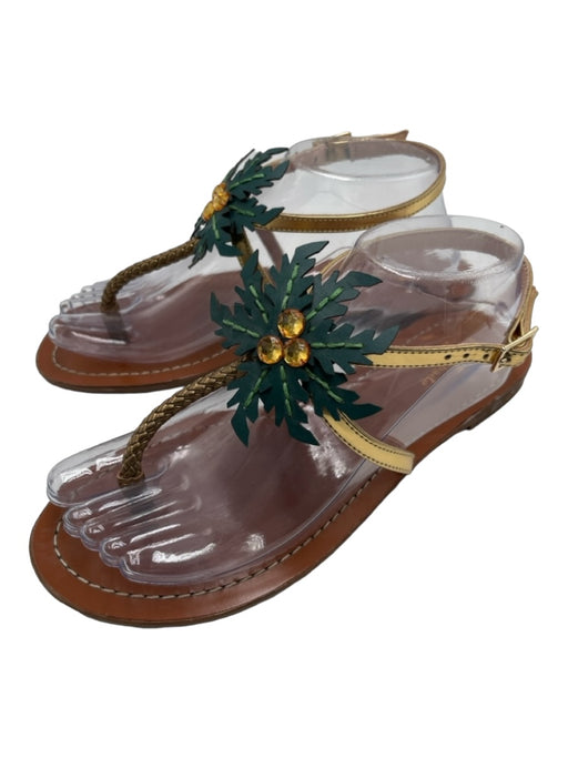 Kate Spade Shoe Size 8.5 Gold Green Brown Leather Palm Tree Ankle Strap Sandals Gold Green Brown / 8.5