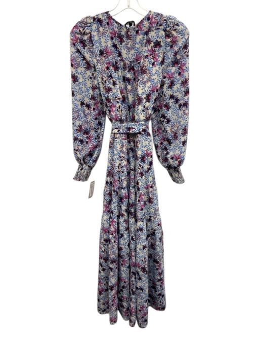 ME+EM Size 4 Blue, Red, Pink Long Sleeve Floral Smocked Waist Midi Dress Blue, Red, Pink / 4