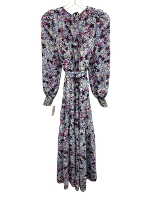 ME+EM Size 4 Blue, Red, Pink Long Sleeve Floral Smocked Waist Midi Dress Blue, Red, Pink / 4