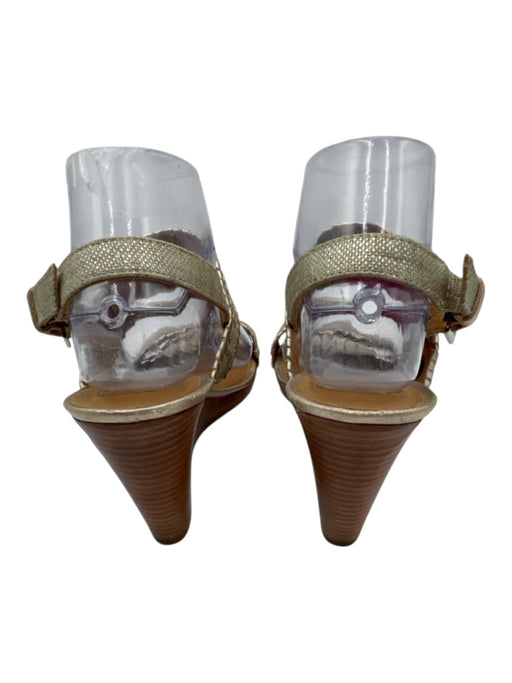 Jack Rogers Shoe Size 8.5 Beige & Gold Leather & Canvas Toe Strap Wedge Sandals Beige & Gold / 8.5