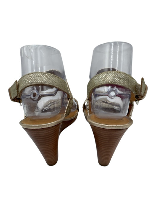 Jack Rogers Shoe Size 8.5 Beige & Gold Leather & Canvas Toe Strap Wedge Sandals Beige & Gold / 8.5