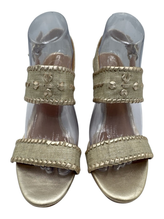 Jack Rogers Shoe Size 8.5 Beige & Gold Leather & Canvas Toe Strap Wedge Sandals Beige & Gold / 8.5