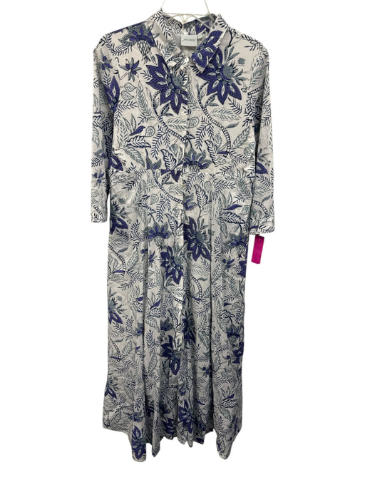 Julia Amory Size Small White & Blue Cotton Floral Button Down 3/4 Sleeve Dress White & Blue / Small