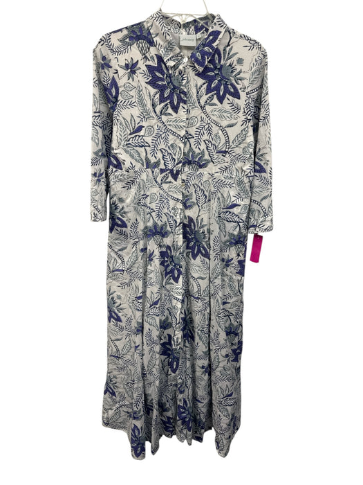 Julia Amory Size Small White & Blue Cotton Floral Button Down 3/4 Sleeve Dress White & Blue / Small