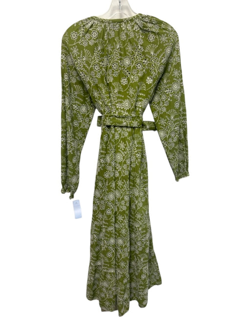 ME+EM Size 4 Green & White Cotton Floral Eyelet Long Balloon Sleeve Tiered Dress Green & White / 4