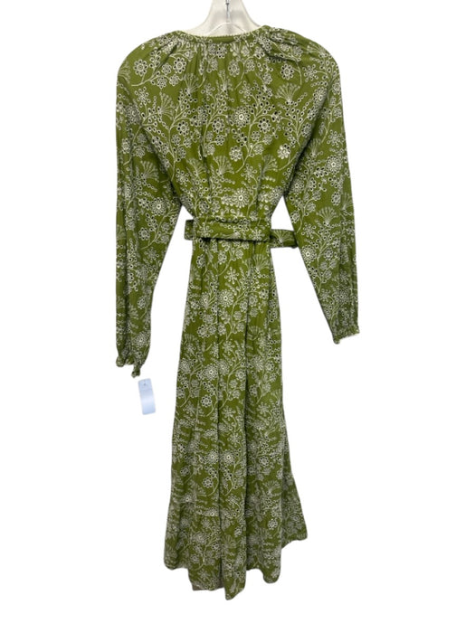 ME+EM Size 4 Green & White Cotton Floral Eyelet Long Balloon Sleeve Tiered Dress Green & White / 4