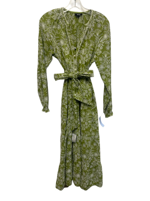 ME+EM Size 4 Green & White Cotton Floral Eyelet Long Balloon Sleeve Tiered Dress Green & White / 4