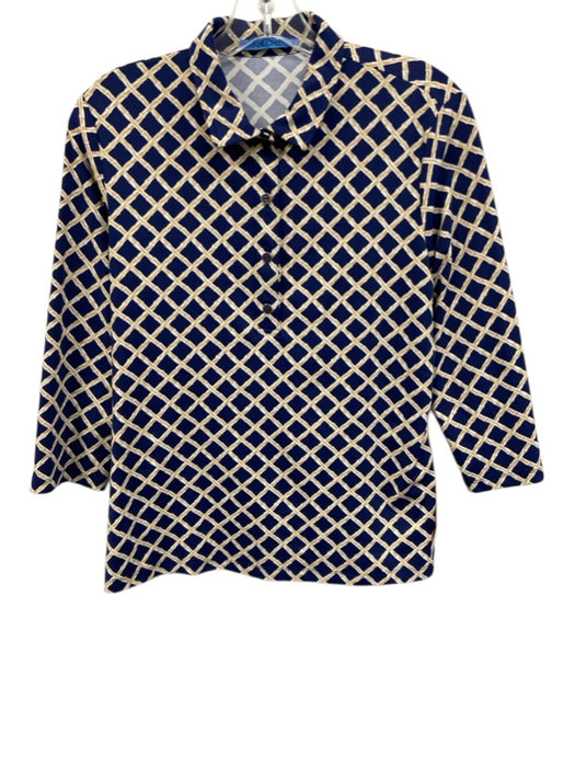 J Mclaughlin Size Medium Navy, Beige, White Nylon Blend Long Sleeve Collar Top Navy, Beige, White / Medium