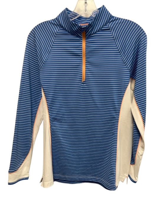 Peter Millar Size M Blue, White, Orange Polyester Blend Mock Neck Stripe Top Blue, White, Orange / M