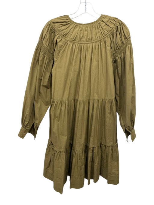 Ulla Johnson Size 2 Olive Green Cotton Long Balloon Sleeve V Neck Tiered Dress Olive Green / 2