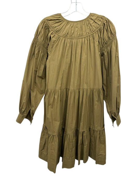 Ulla Johnson Size 2 Olive Green Cotton Long Balloon Sleeve V Neck Tiered Dress Olive Green / 2
