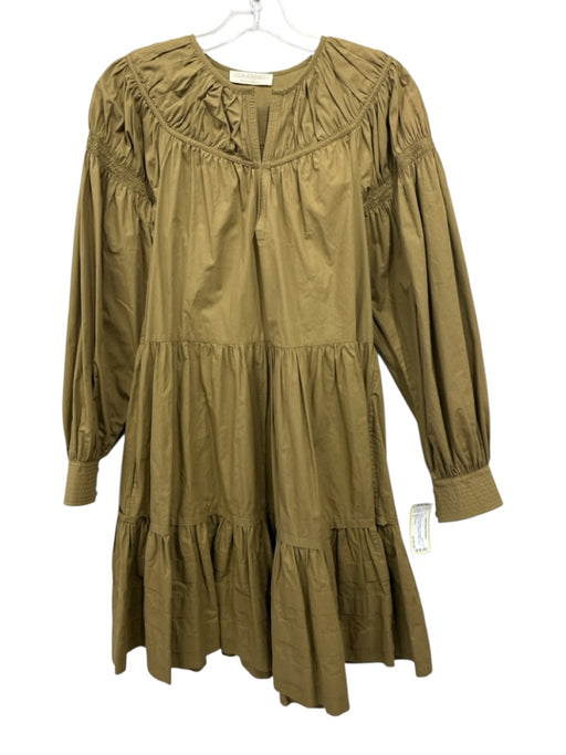 Ulla Johnson Size 2 Olive Green Cotton Long Balloon Sleeve V Neck Tiered Dress Olive Green / 2