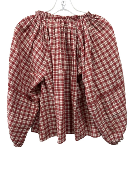 The Great Size 0 Cream White & Red Cotton Plaid Long Balloon Sleeve Top Cream White & Red / 0