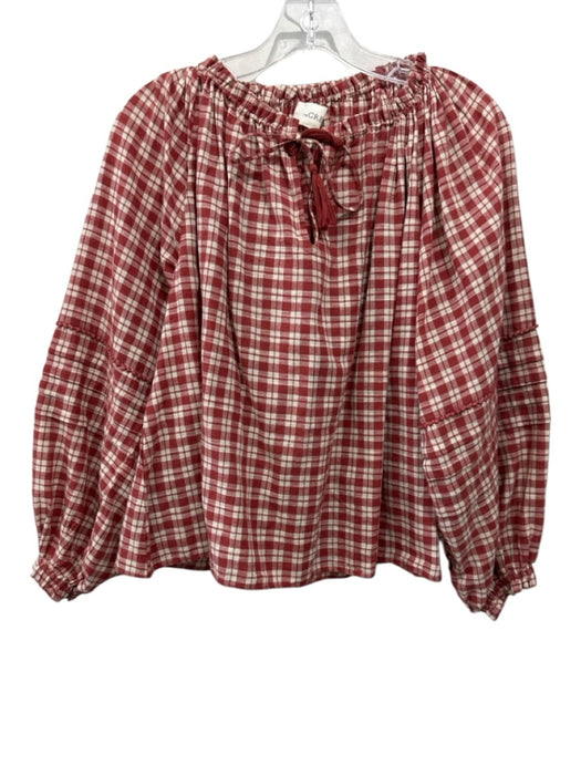 The Great Size 0 Cream White & Red Cotton Plaid Long Balloon Sleeve Top Cream White & Red / 0