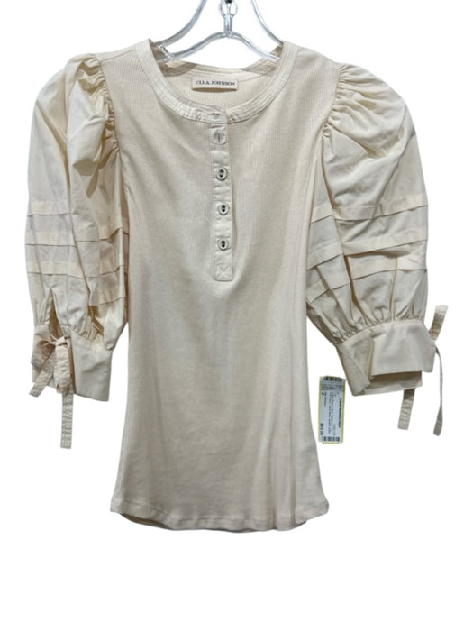 Ulla Johnson Size P Cream Beige Cotton Ribbed Knit 1/2 Puff Sleeve Top Cream Beige / P
