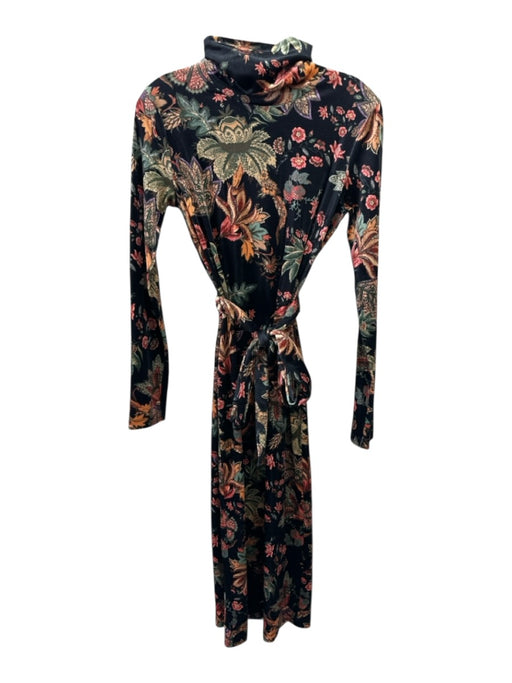 Cara Cara Size S Black, Orange & Green Polyester Blend Velvet Turtleneck Dress Black, Orange & Green / S
