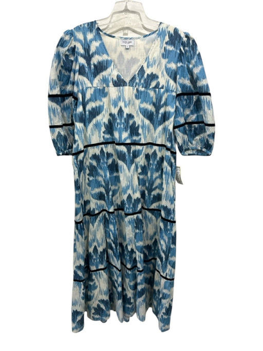 Olivia James Size Small Blue, White, Black Cotton Long Sleeve Tiered Dress Blue, White, Black / Small