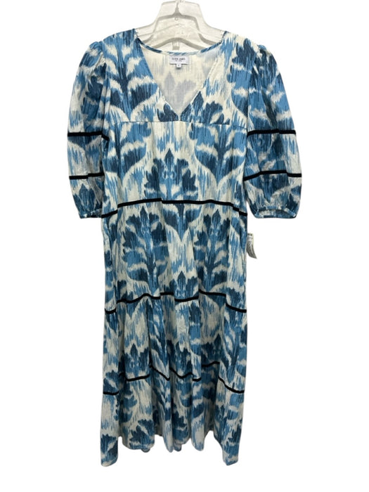 Olivia James Size Small Blue, White, Black Cotton Long Sleeve Tiered Dress Blue, White, Black / Small