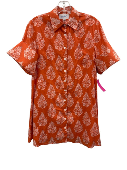 Livro Size XS Orange & White Cotton Short Sleeve Floral Print Buttons Mini Dress Orange & White / XS