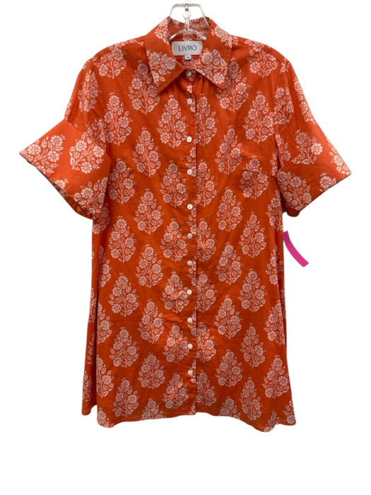 Livro Size XS Orange & White Cotton Short Sleeve Floral Print Buttons Mini Dress Orange & White / XS