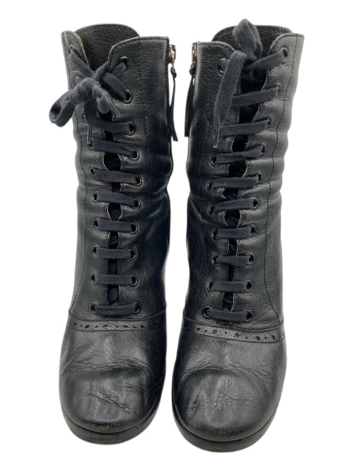 Miu Miu Shoe Size 38.5 Black Pebble Leather Lace Up Block Heel Round Toe Booties Black / 38.5