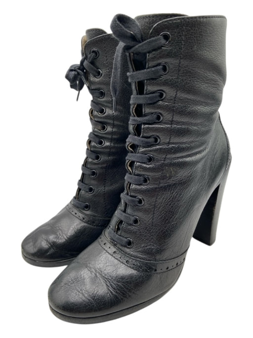Miu Miu Shoe Size 38.5 Black Pebble Leather Lace Up Block Heel Round Toe Booties Black / 38.5