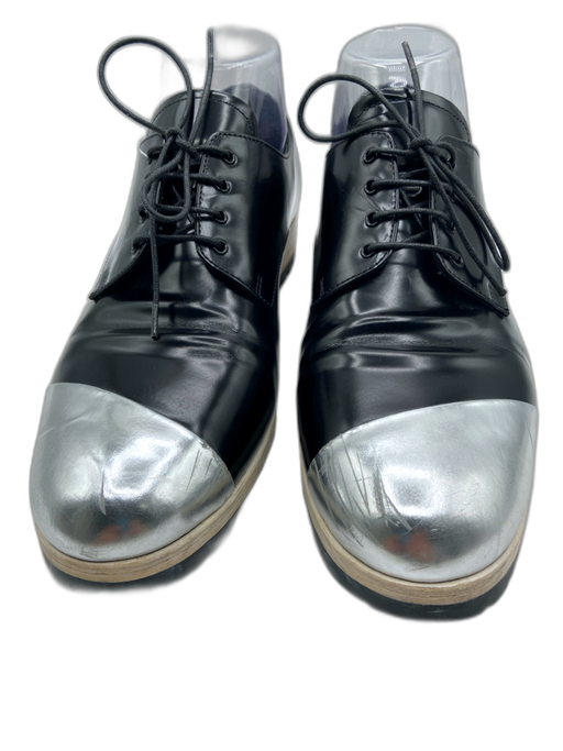 Miu Miu Shoe Size 38.5 Black & Silver Leather Metallic Color Block Flats Loafers Black & Silver / 38.5