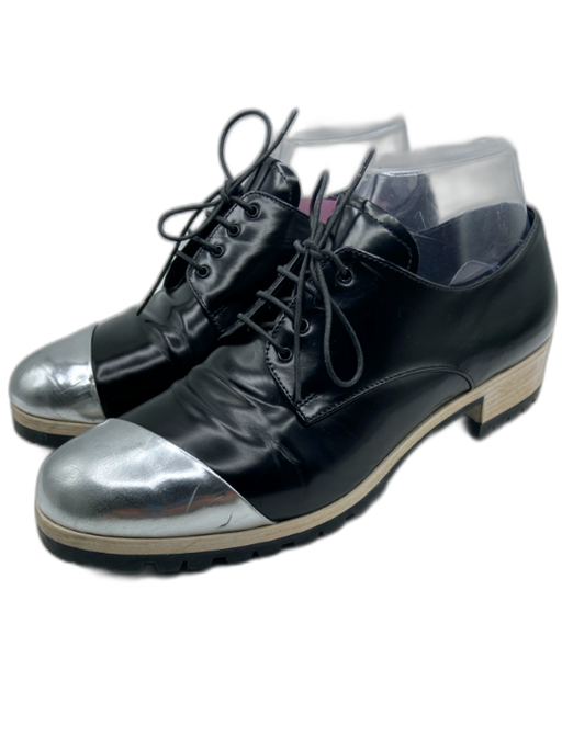 Miu Miu Shoe Size 38.5 Black & Silver Leather Metallic Color Block Flats Loafers Black & Silver / 38.5