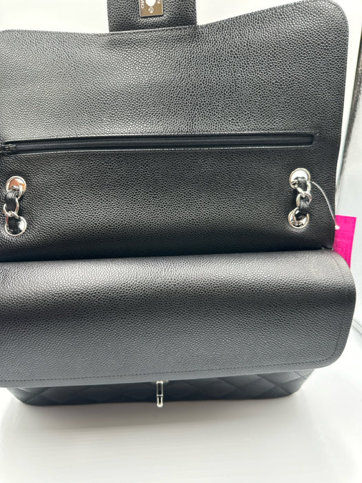 Chanel Black Caviar Leather Chain Strap Quilted Double Flap Silver hardware Bag