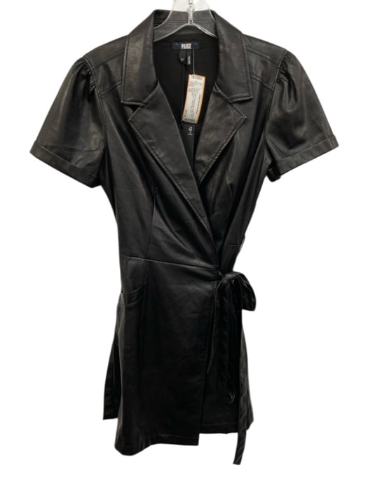 Paige Size XS Black Polyurethane Collar Short Sleeve Knee Length Wrap Dress Black / XS