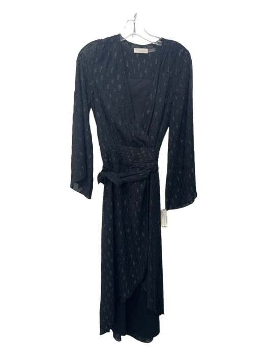 Ramy Brook Size 0 Black Polyester Metallic Thread V Neck Sheer Sleeve Wrap Dress Black / 0