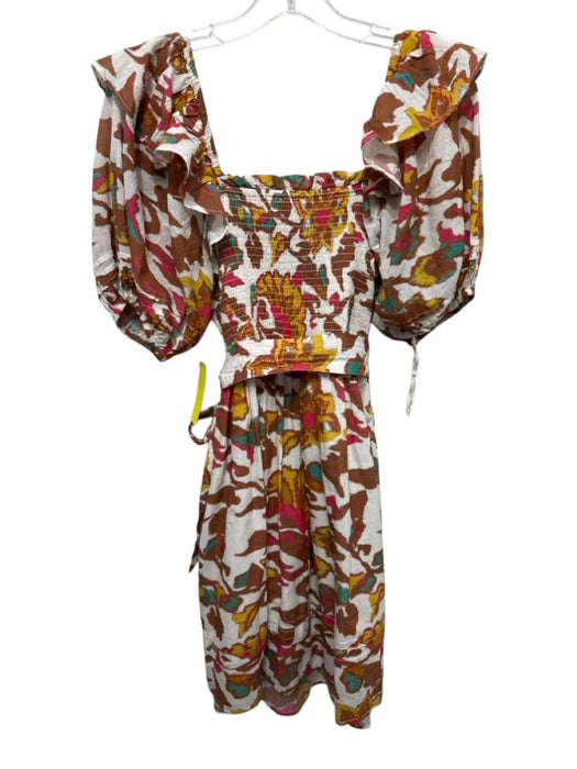 Cleobella Size Small Brown, Yellow, Pink Cotton Blend Abstract smocked Dress Brown, Yellow, Pink / Small