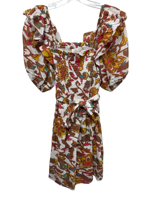 Cleobella Size Small Brown, Yellow, Pink Cotton Blend Abstract smocked Dress Brown, Yellow, Pink / Small