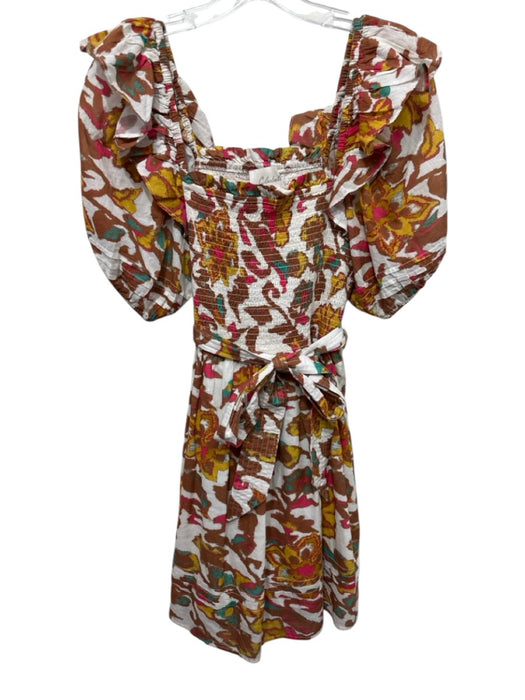 Cleobella Size Small Brown, Yellow, Pink Cotton Blend Abstract smocked Dress Brown, Yellow, Pink / Small