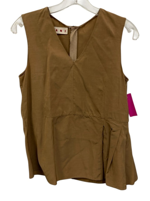 Marni Size 38 Tan Brown Viscose Blend Side Pleat V Neck Sleeveless Top Tan Brown / 38
