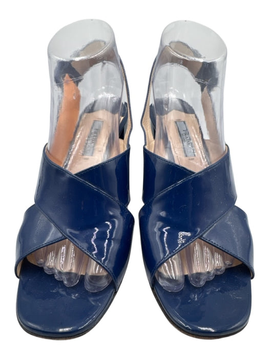 Prada Shoe Size 39 Dark Blue Leather Upper Patent Criss Cross Block heel Sandals Dark Blue / 39