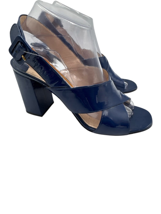 Prada Shoe Size 39 Dark Blue Leather Upper Patent Criss Cross Block heel Sandals Dark Blue / 39