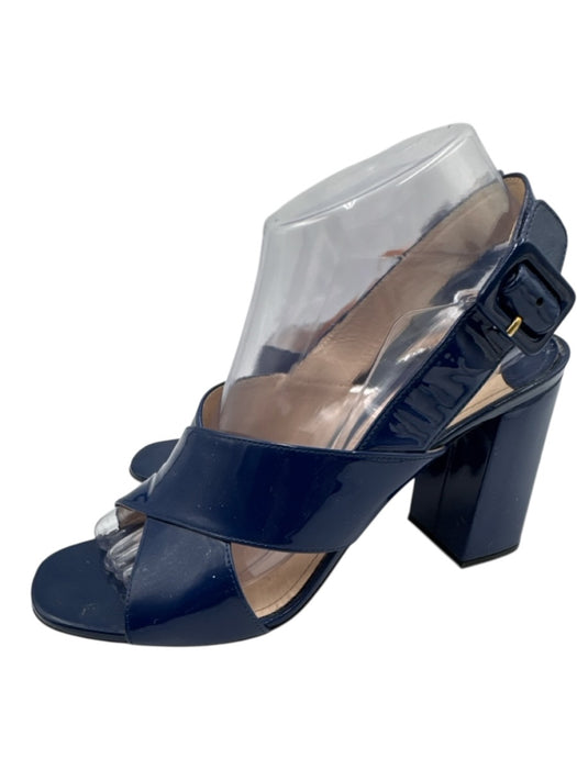 Prada Shoe Size 39 Dark Blue Leather Upper Patent Criss Cross Block heel Sandals Dark Blue / 39