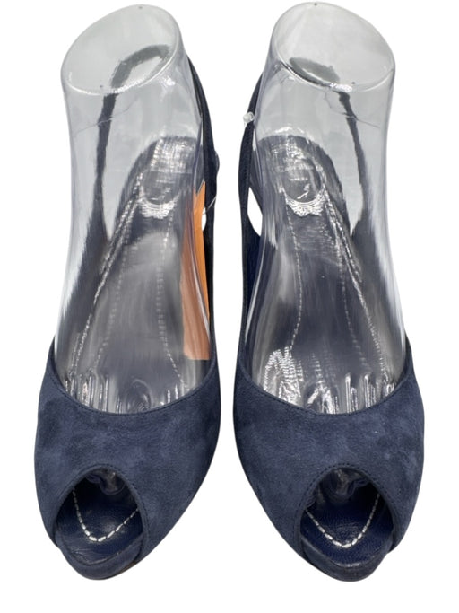 Rene Caovilla Shoe Size 39 Navy Blue Leather Upper Suede Peep Toe Slingbacks Navy Blue / 39