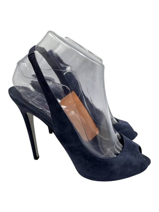 Rene Caovilla Shoe Size 39 Navy Blue Leather Upper Suede Peep Toe Slingbacks Navy Blue / 39
