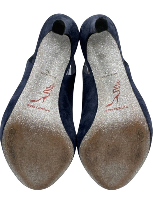 Rene Caovilla Shoe Size 39 Navy Blue Leather Upper Suede Peep Toe Slingbacks Navy Blue / 39