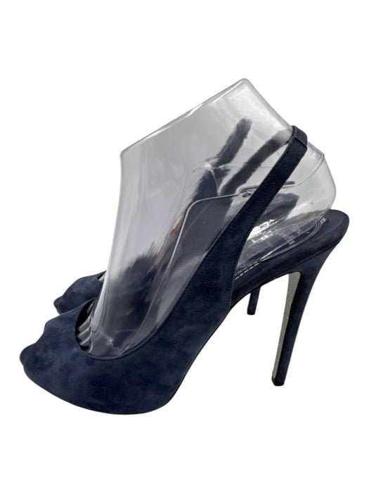 Rene Caovilla Shoe Size 39 Navy Blue Leather Upper Suede Peep Toe Slingbacks Navy Blue / 39