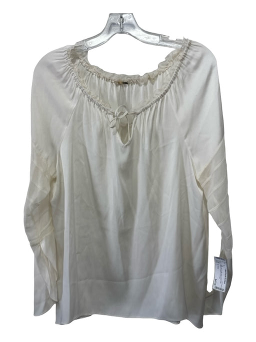 Elie Tahari Size L White Silk Ruffle Neck Long Sheer Sleeve Tie Neck Top White / L