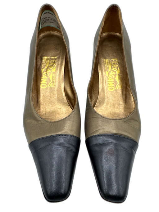 Salvatore Ferragamo Shoe Size 9 Gold & Black Patent Leather Block Heel Pumps Gold & Black / 9