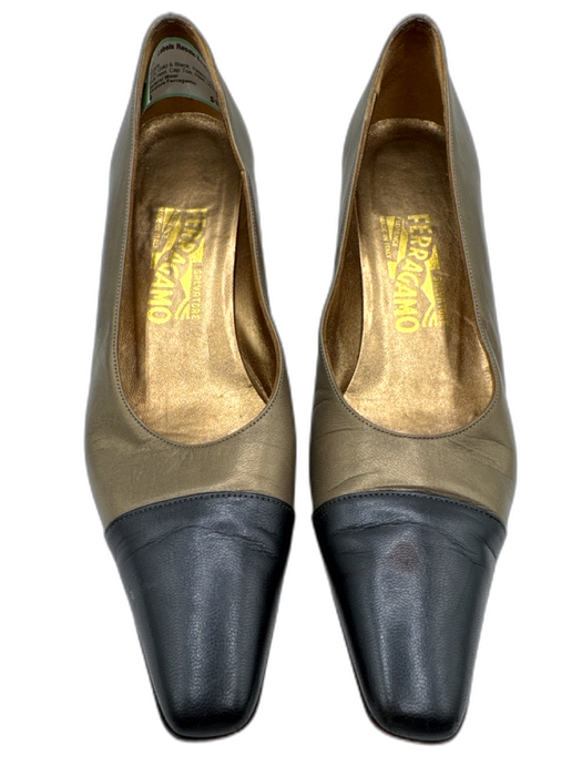 Salvatore Ferragamo Shoe Size 9 Gold & Black Patent Leather Block Heel Pumps Gold & Black / 9