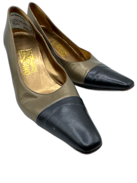Salvatore Ferragamo Shoe Size 9 Gold & Black Patent Leather Block Heel Pumps Gold & Black / 9